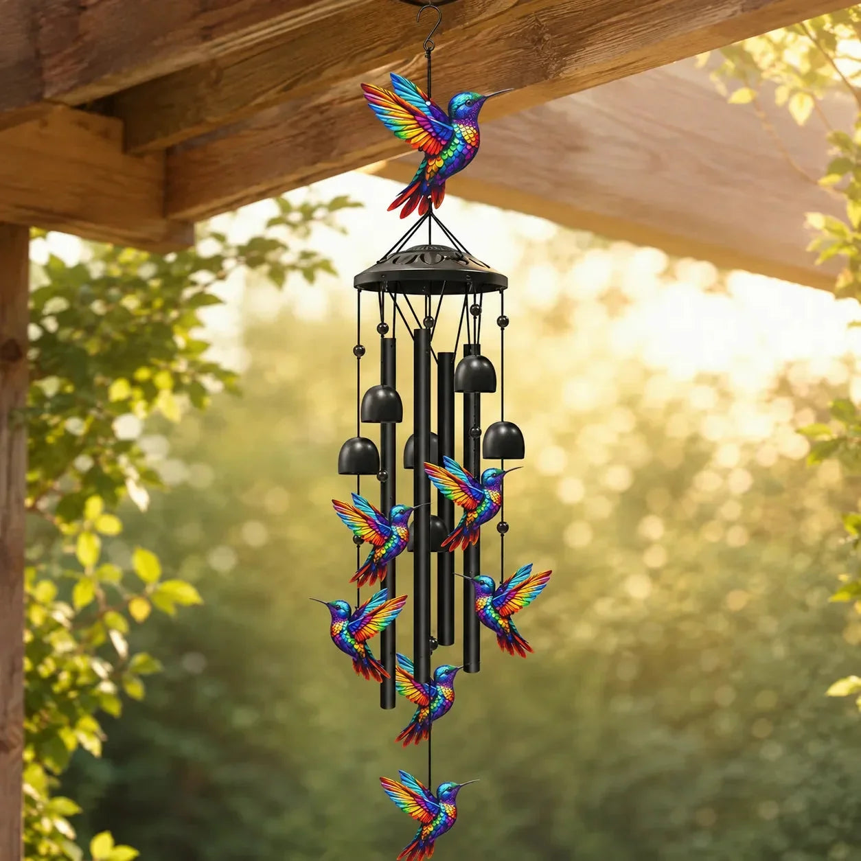 Carillón de viento de colibrí arcoíris para jardín, patio y porche