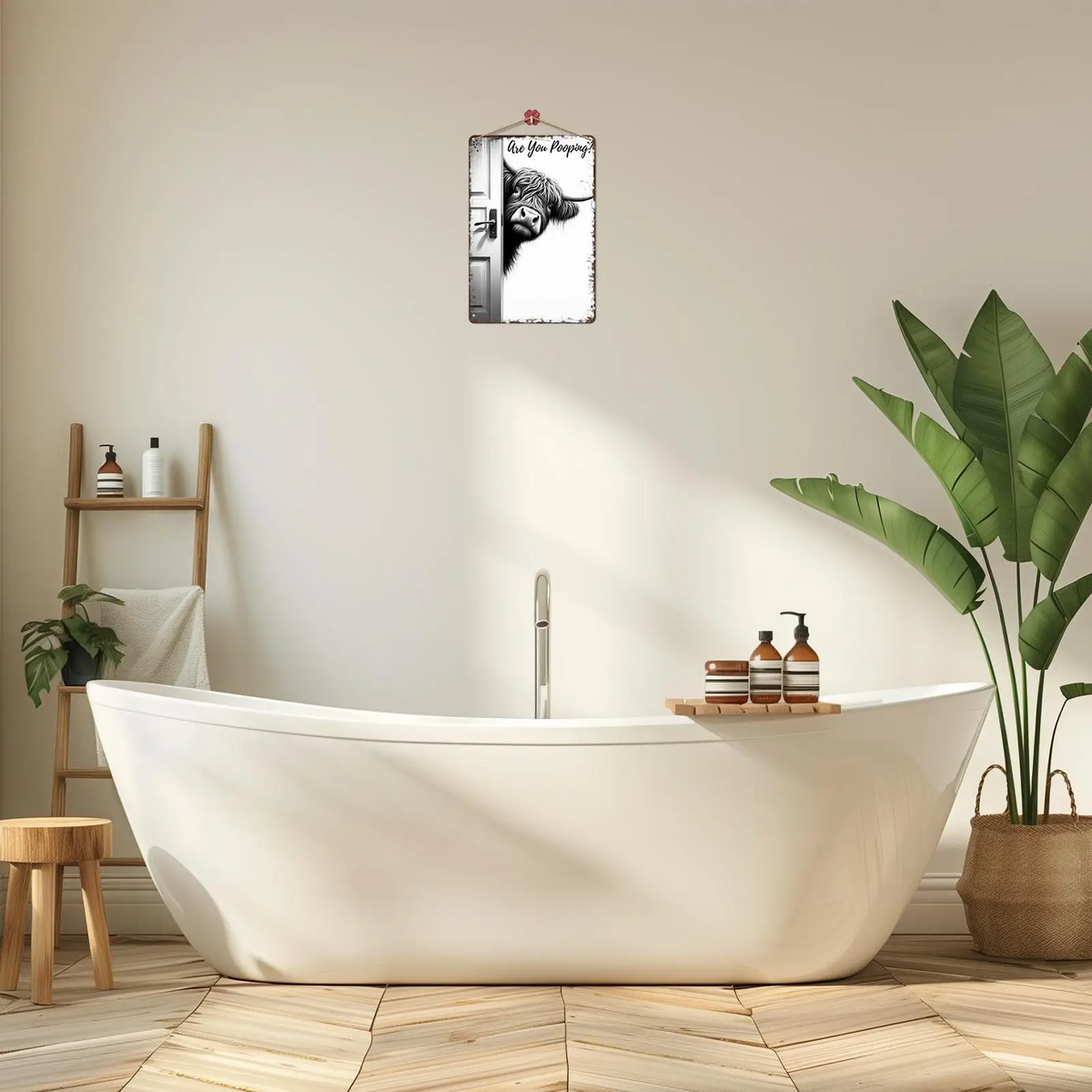Cartel decorativo divertido y rústico para baño con cuadro de vaca de las Tierras Altas