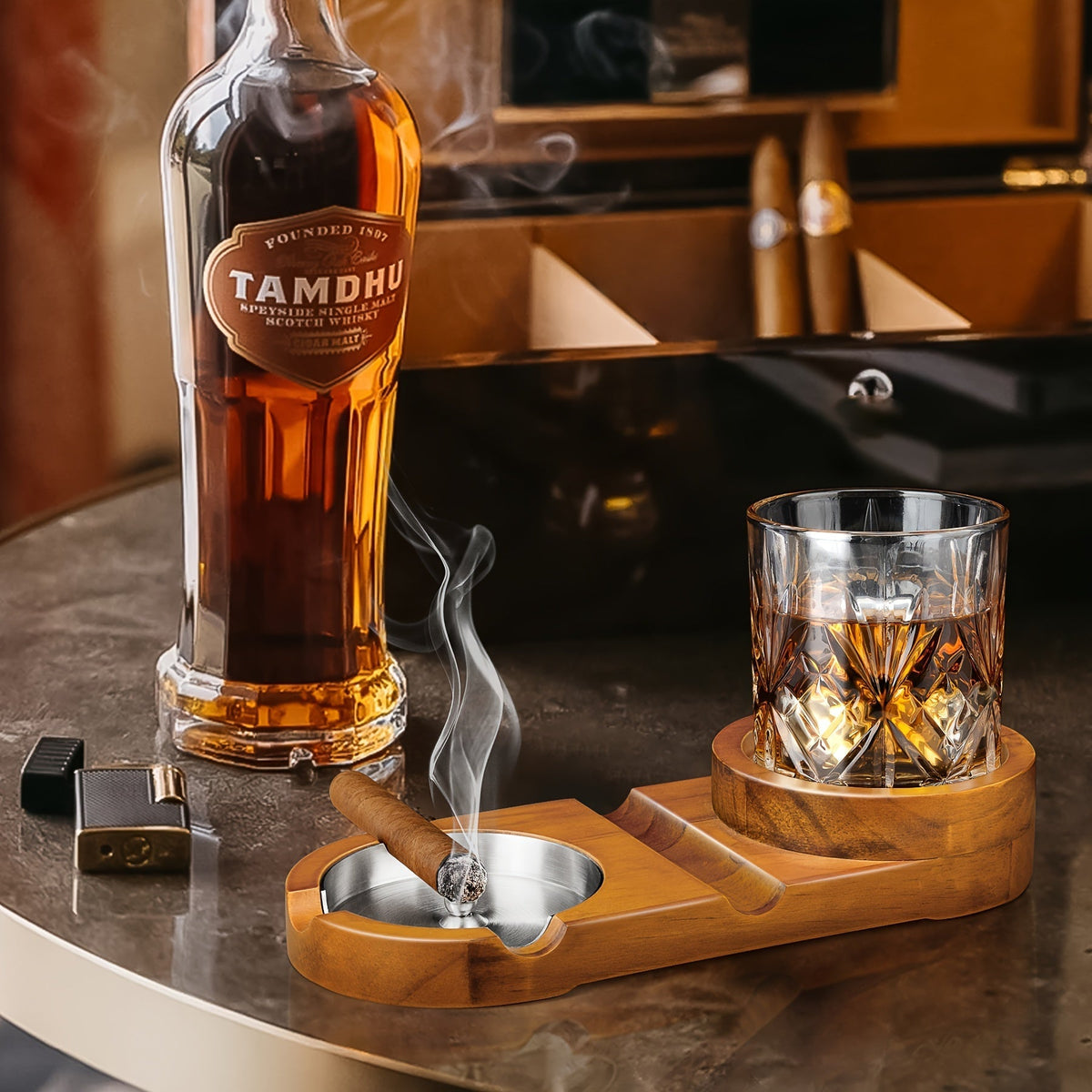 Cenicero Creativo para Puros y Bandeja para Vaso de Whisky - Regalo Ideal para el Día del Padre o Regalo Empresarial