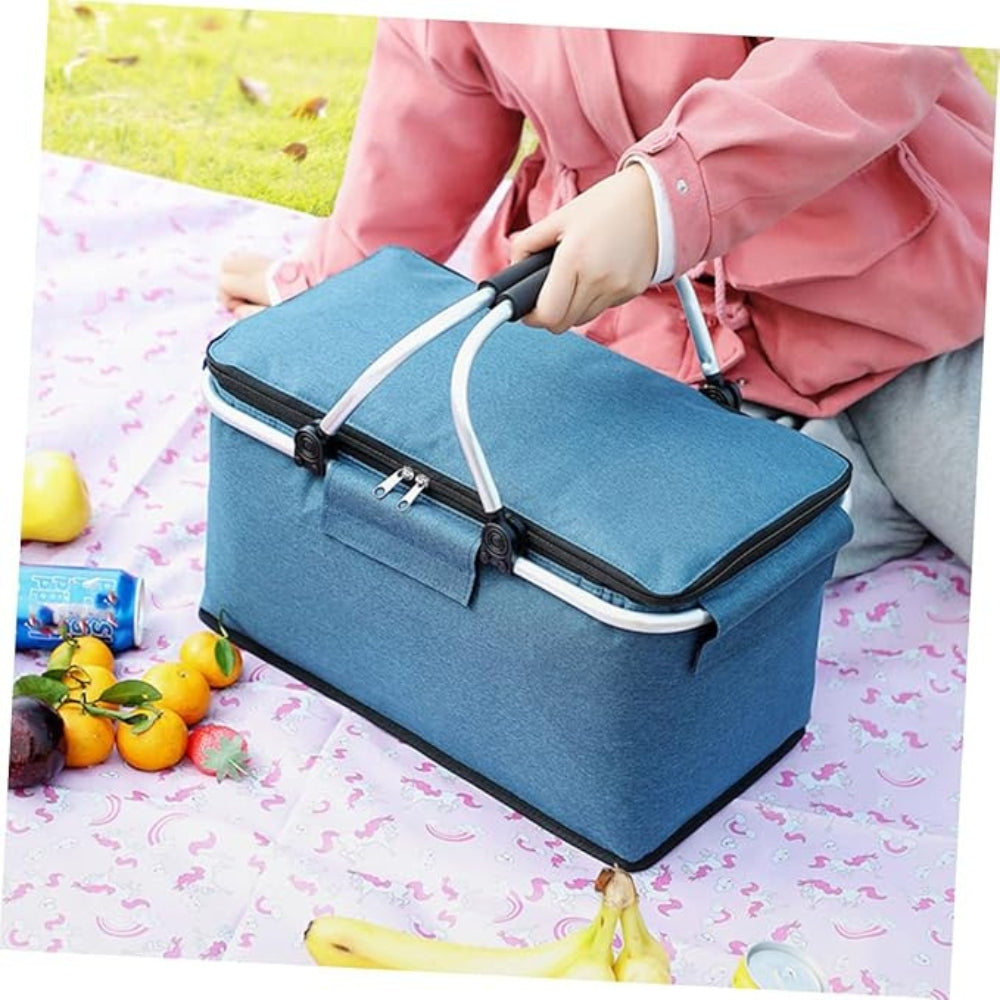 Cesta de Picnic Plegable de 18 L - Tela Oxford Impermeable - Estructura de Aluminio - Negro, Gris y Azul