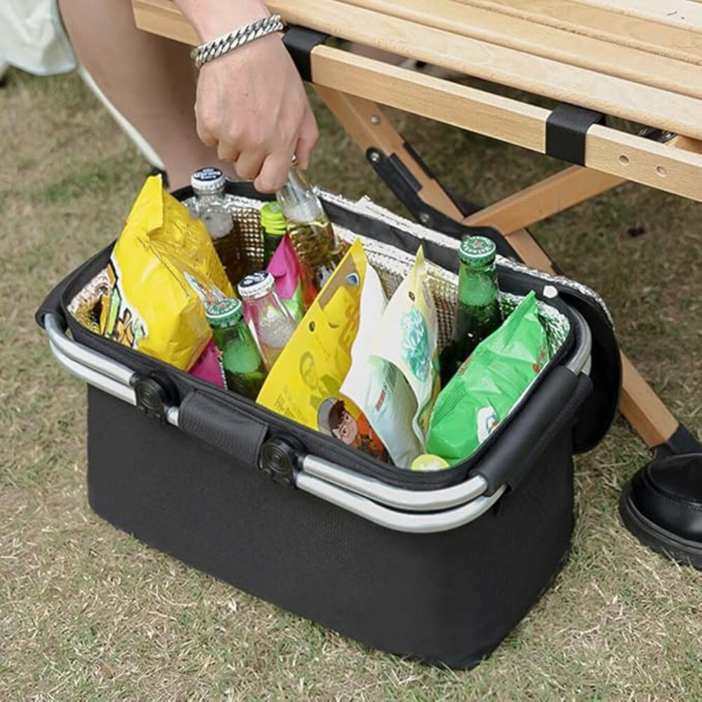 Cesta de Picnic Plegable de 18 L - Tela Oxford Impermeable - Estructura de Aluminio - Negro, Gris y Azul