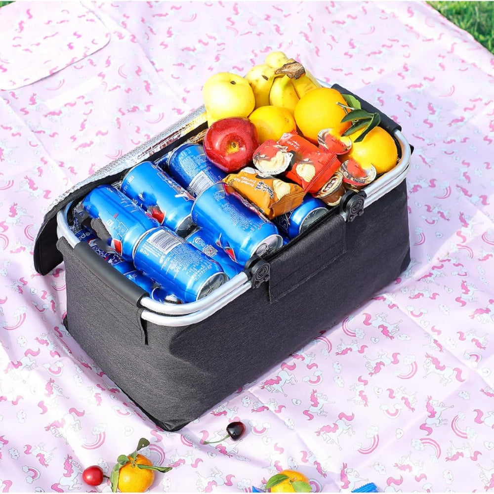 Cesta de Picnic Plegable de 18 L - Tela Oxford Impermeable - Estructura de Aluminio - Negro, Gris y Azul