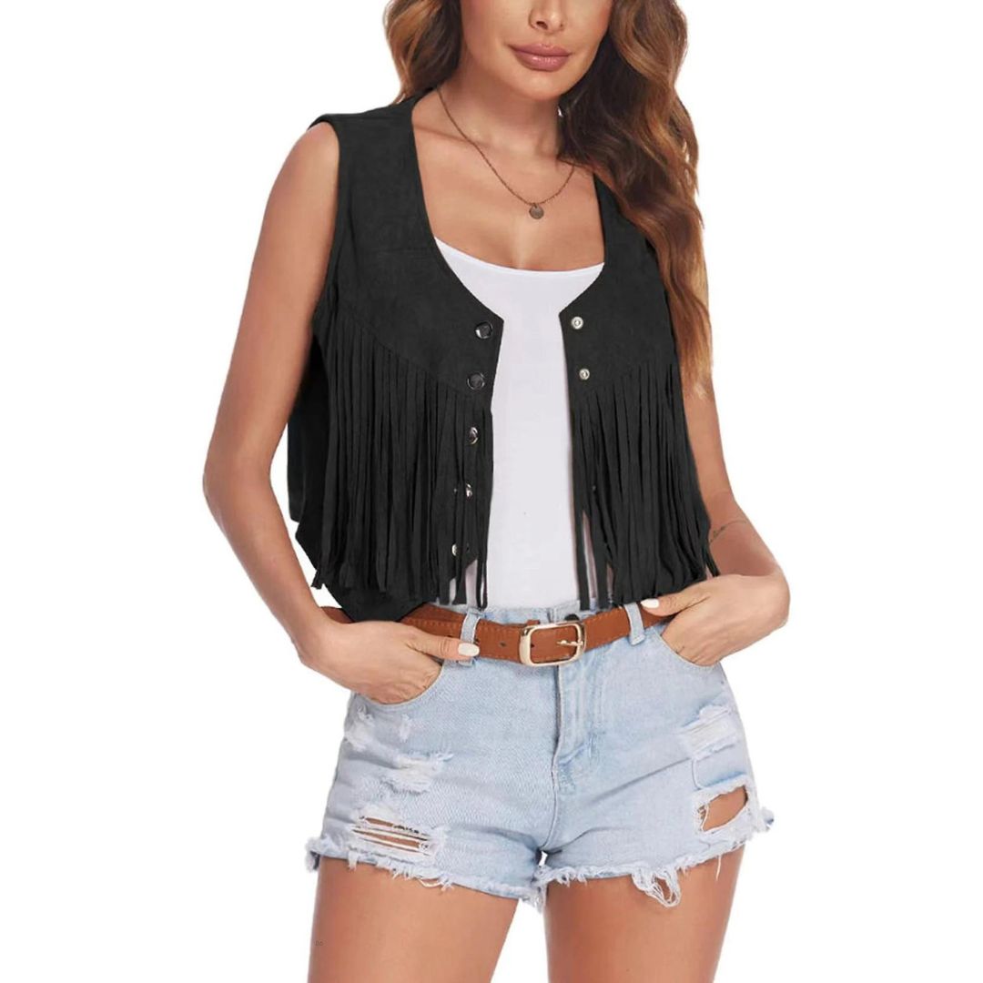 Chaleco de ante para mujer – Chaleco estilo boho con flecos y detalles de botones