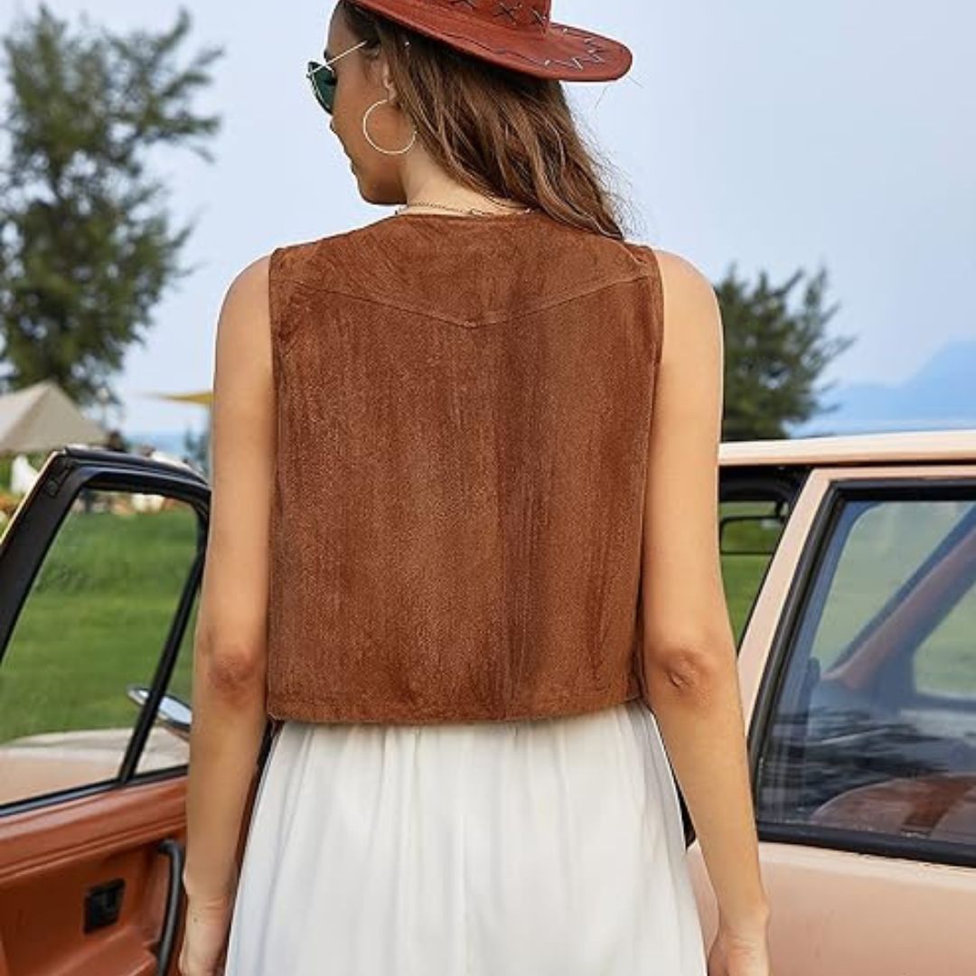 Chaleco de ante para mujer – Chaleco estilo boho con flecos y detalles de botones