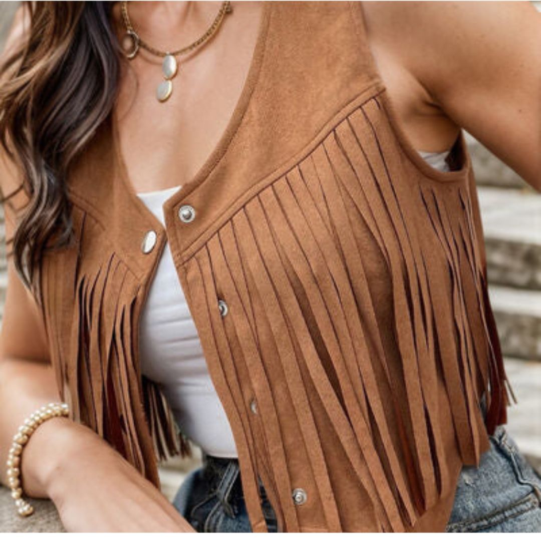 Chaleco de ante para mujer – Chaleco estilo boho con flecos y detalles de botones