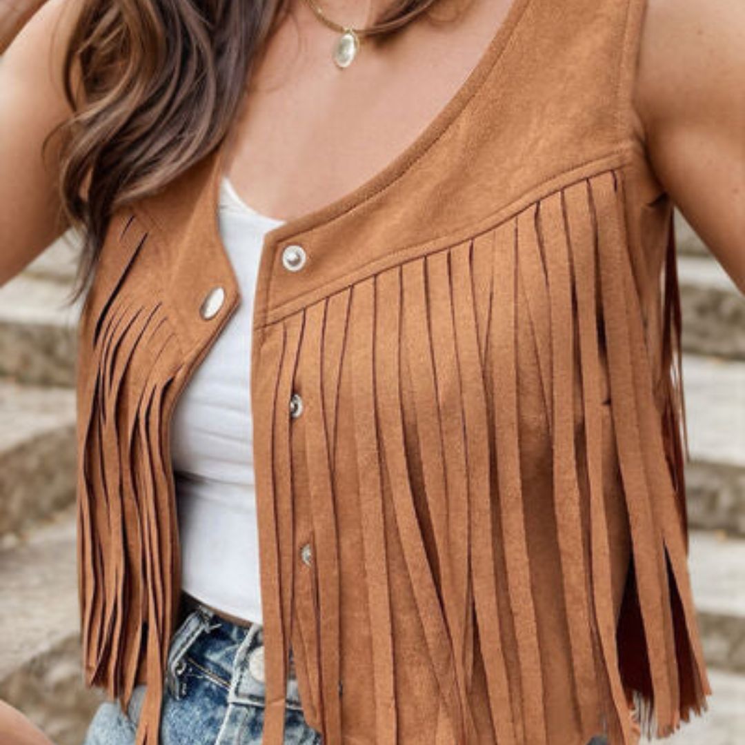 Chaleco de ante para mujer – Chaleco estilo boho con flecos y detalles de botones