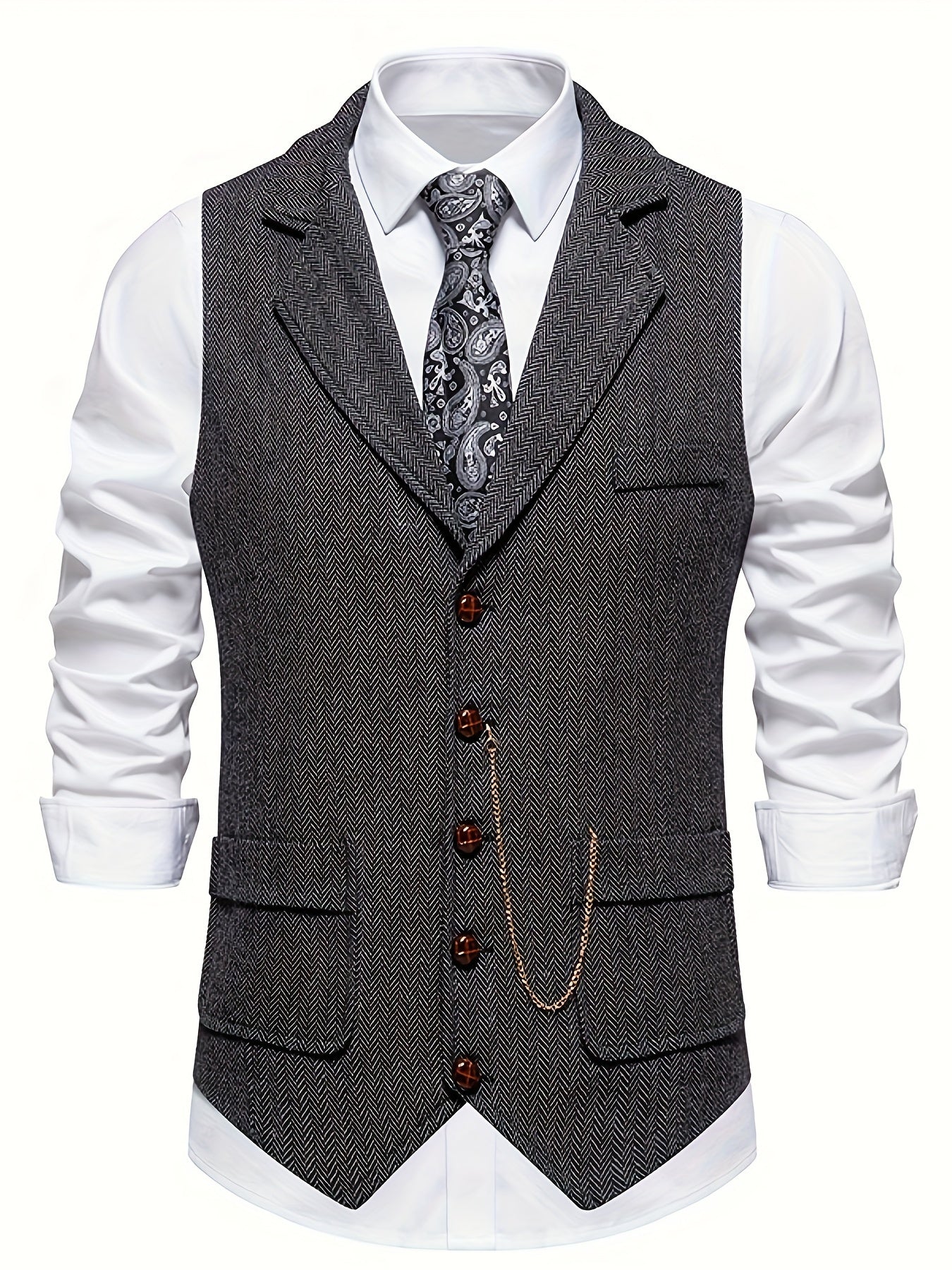 Chaleco de vestir retro para hombre con estampado de espiga y solapa con muesca