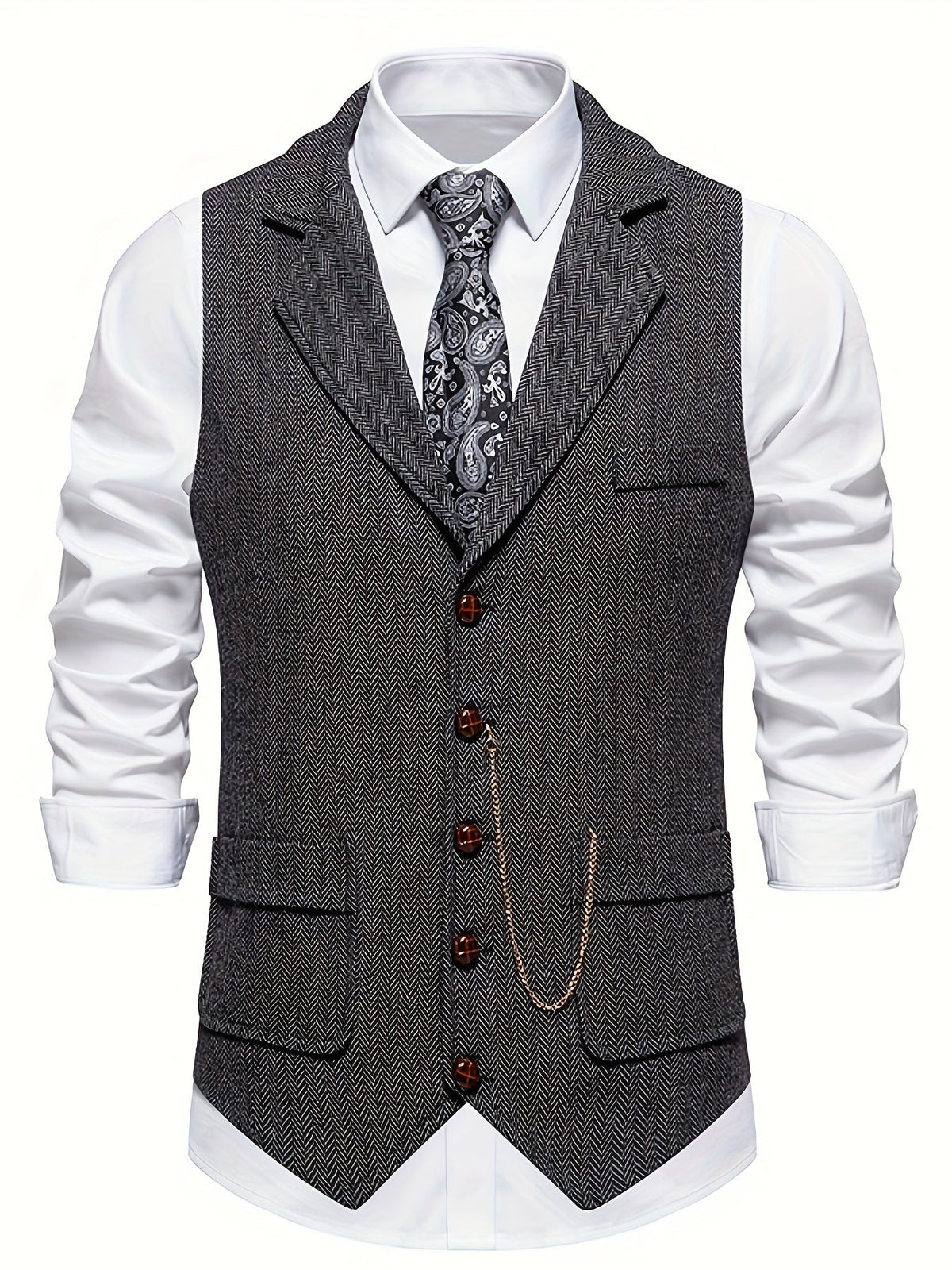 Chaleco de vestir retro para hombre con estampado de espiga y solapa con muesca