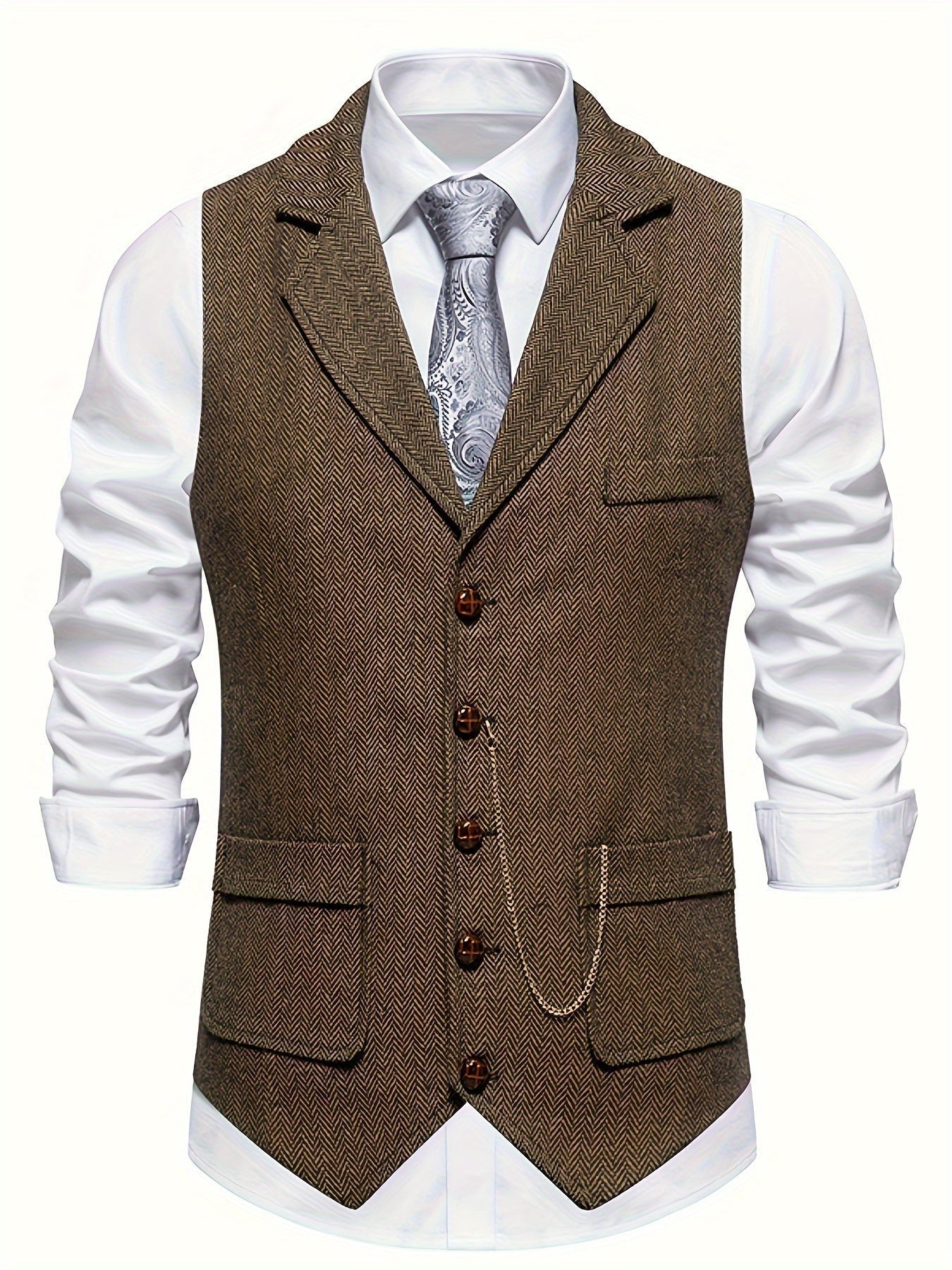 Chaleco de vestir retro para hombre con estampado de espiga y solapa con muesca