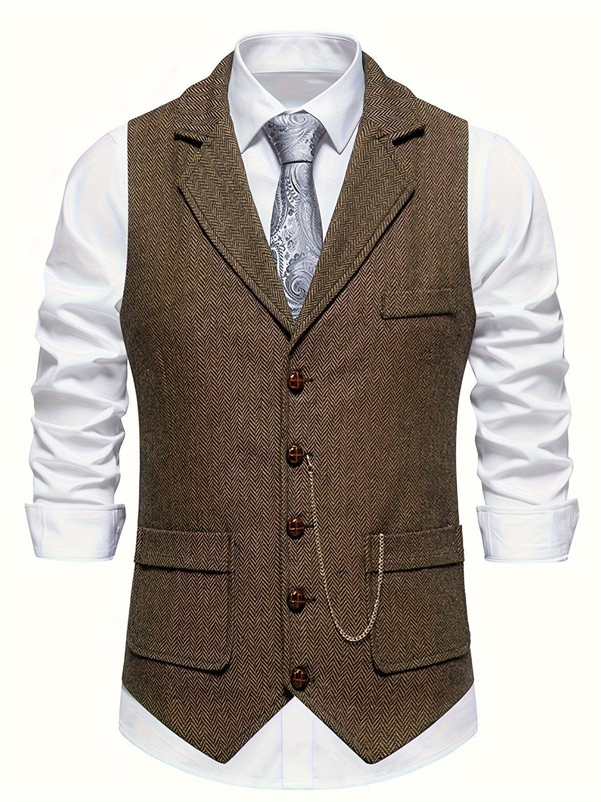 Chaleco de vestir retro para hombre con estampado de espiga y solapa con muesca