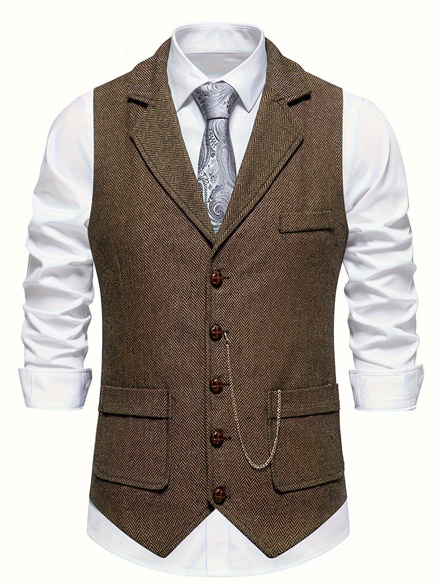 Chaleco de vestir retro para hombre con estampado de espiga y solapa con muesca