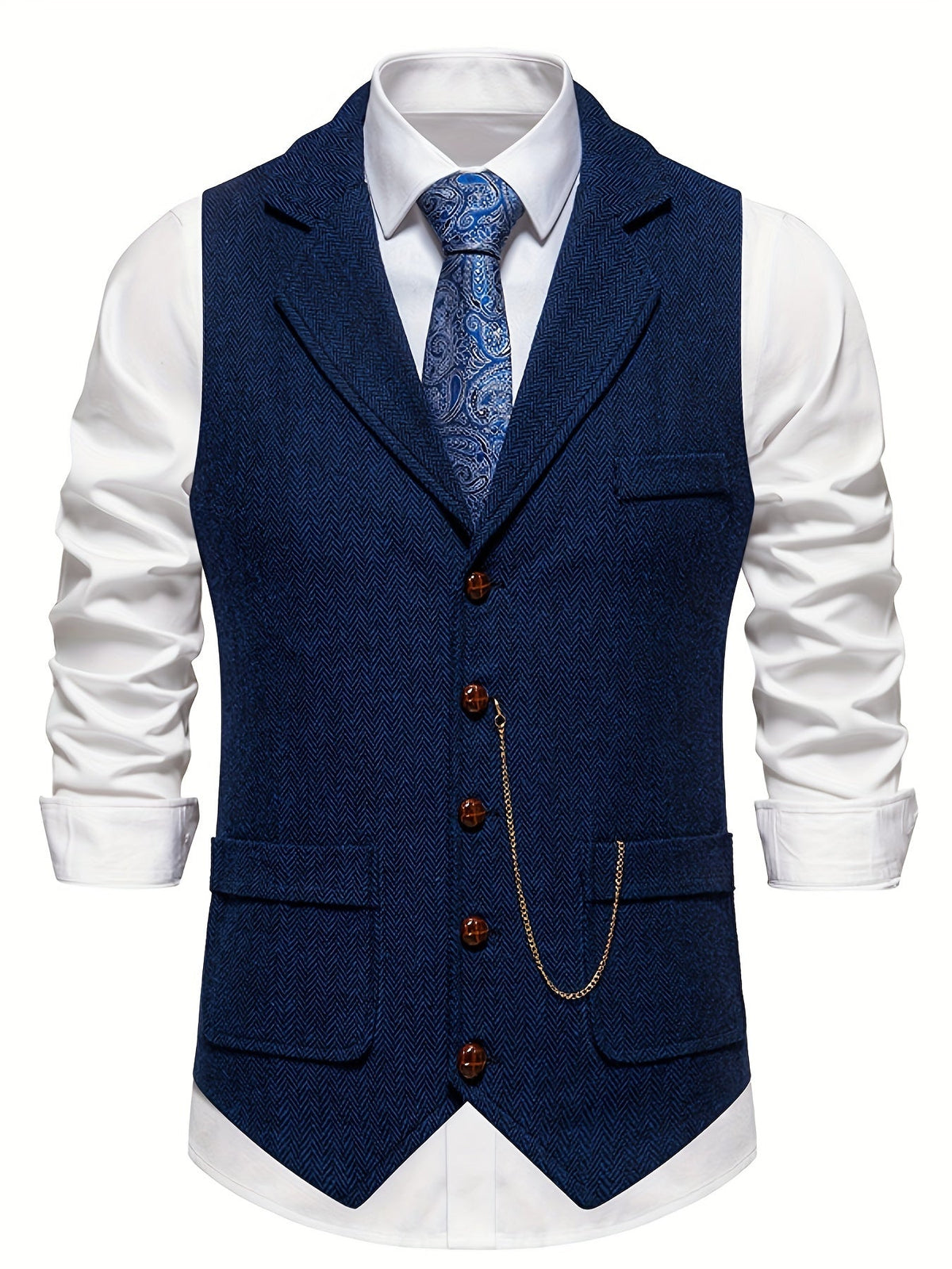 Chaleco de vestir retro para hombre con estampado de espiga y solapa con muesca
