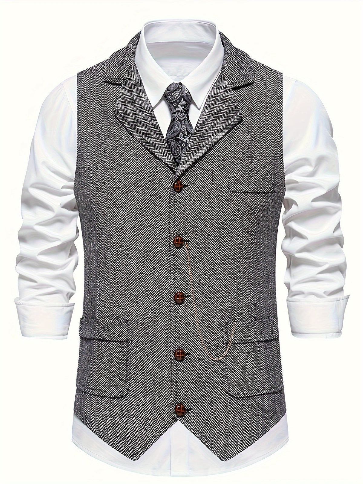 Chaleco de vestir retro para hombre con estampado de espiga y solapa con muesca