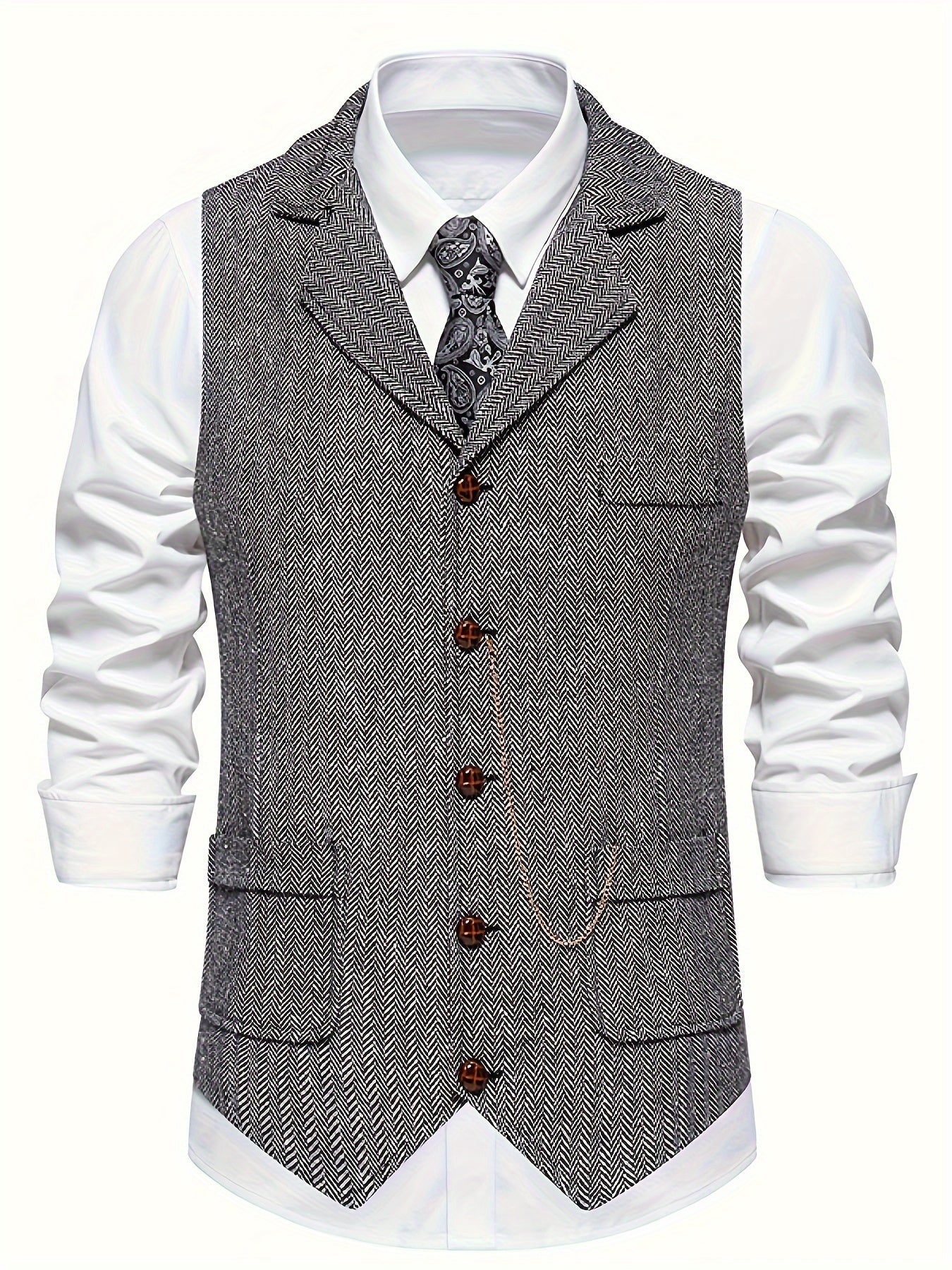 Chaleco de vestir retro para hombre con estampado de espiga y solapa con muesca