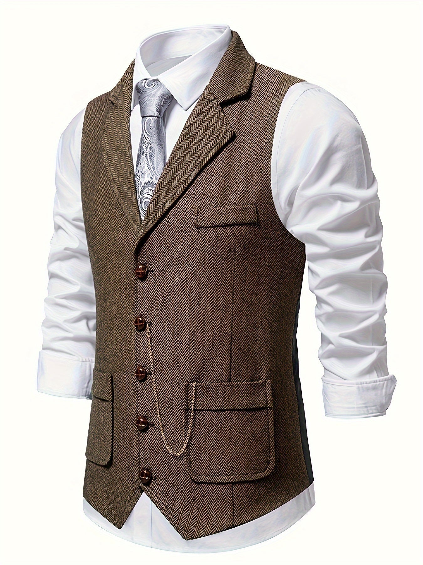 Chaleco de vestir retro para hombre con estampado de espiga y solapa con muesca