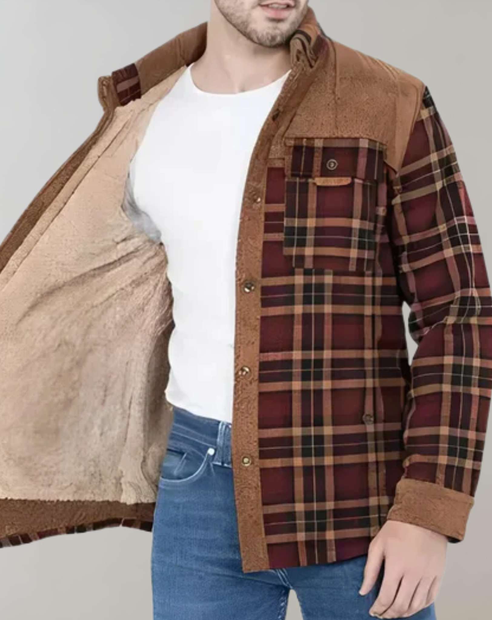 Chaqueta a cuadros de invierno cálida con forro para hombre