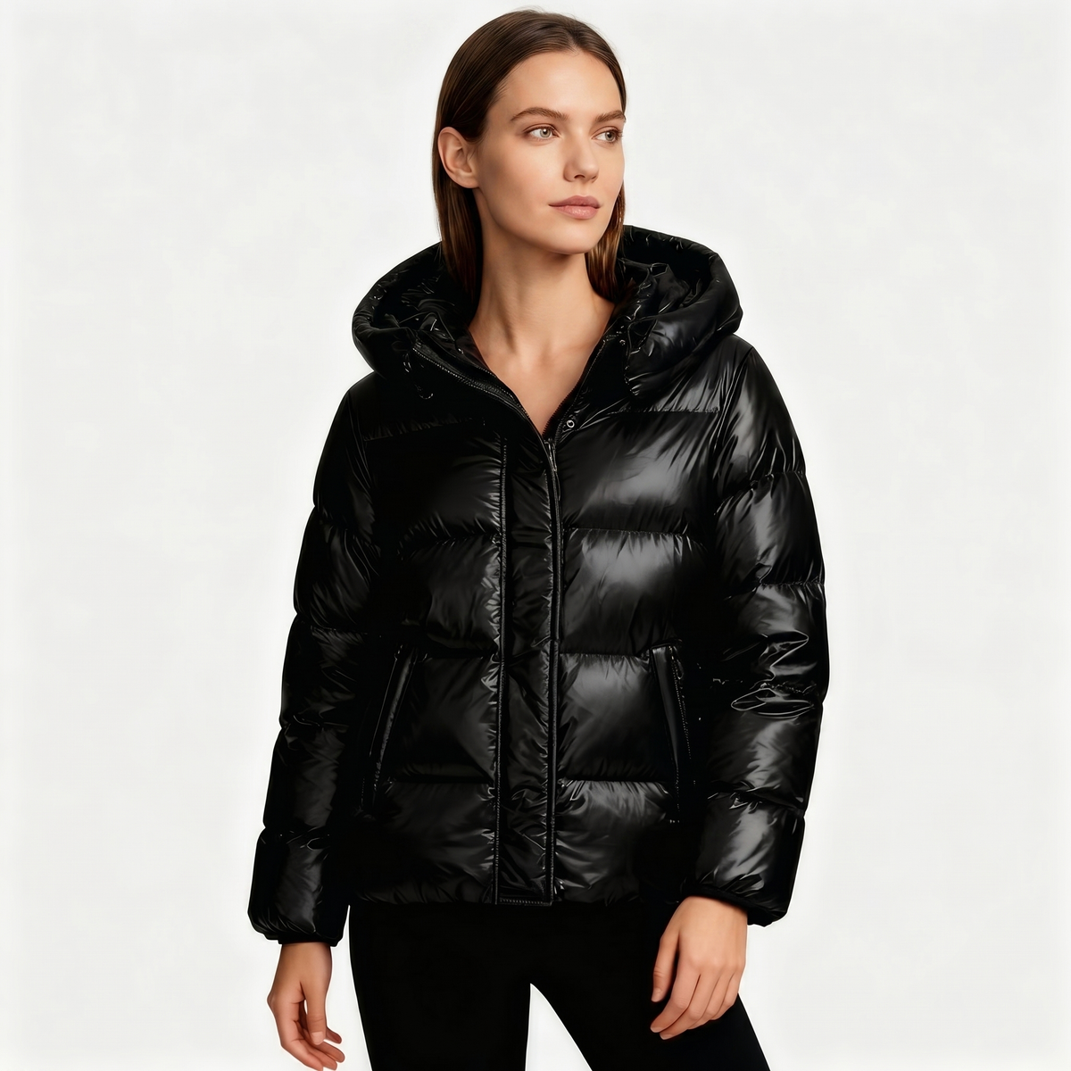 Chaqueta Acolchada Brillante para Mujer | Abrigo Corto con Capucha | Corte Oversized
