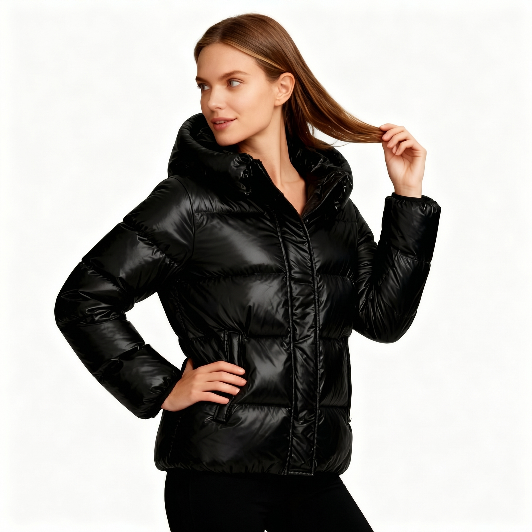 Chaqueta Acolchada Brillante para Mujer | Abrigo Corto con Capucha | Corte Oversized