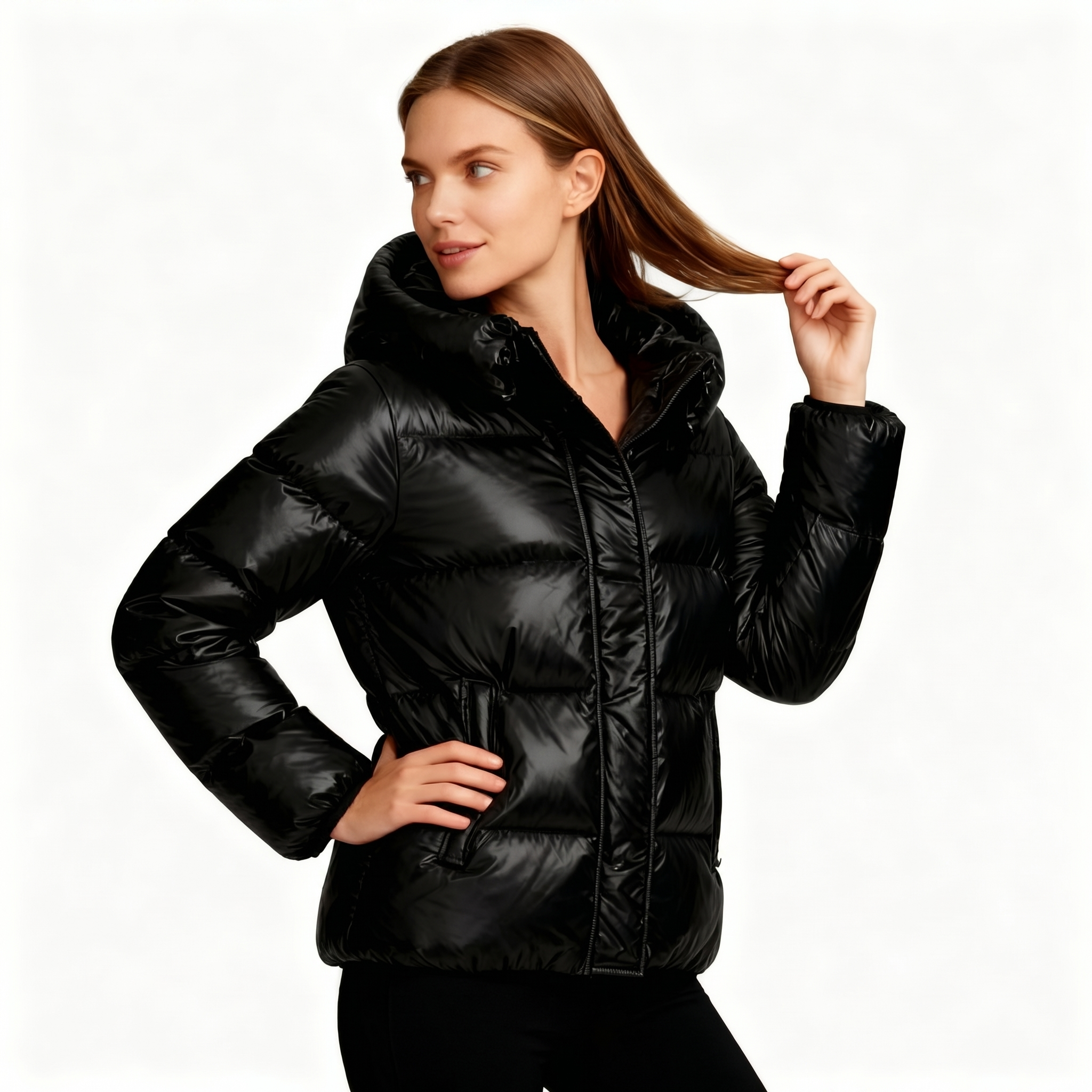 Chaqueta Acolchada Brillante para Mujer | Abrigo Corto con Capucha | Corte Oversized