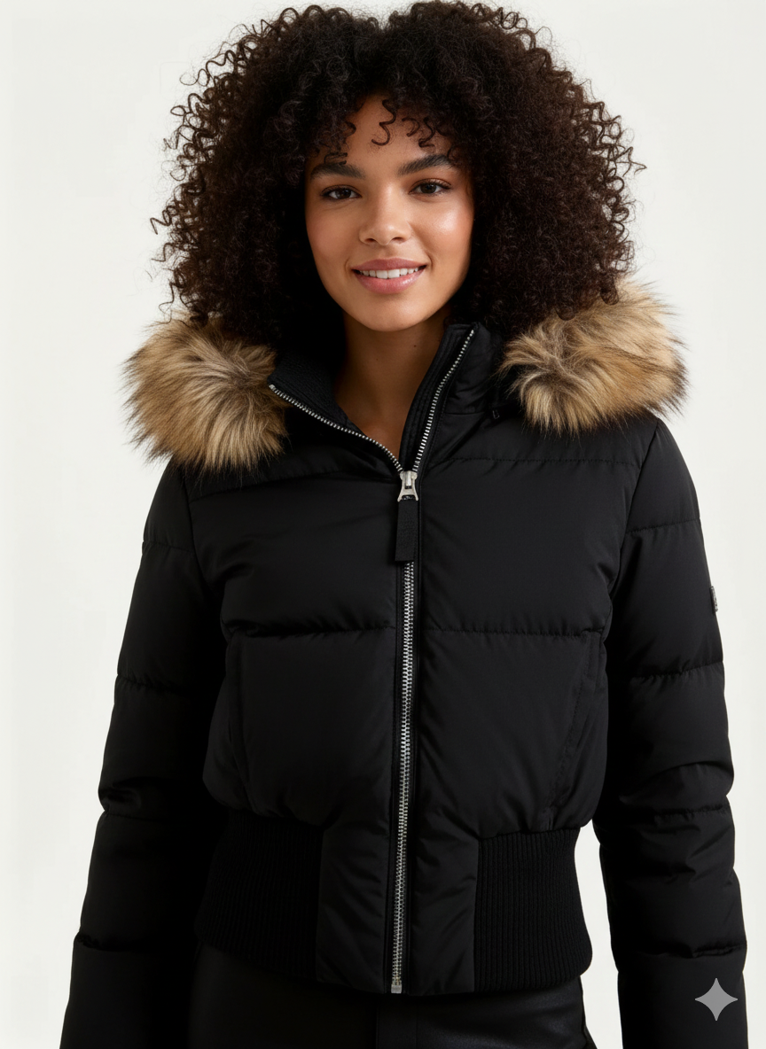 Chaqueta acolchada de invierno para mujer con capucha de pelo sintético – Abrigo corto cálido con acabado acanalado, cremallera completa y forro
