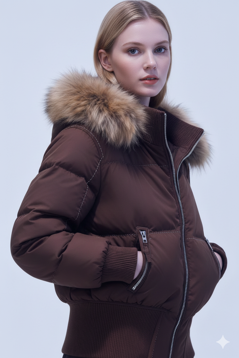 Chaqueta acolchada de invierno para mujer con capucha de pelo sintético – Abrigo corto cálido con acabado acanalado, cremallera completa y forro