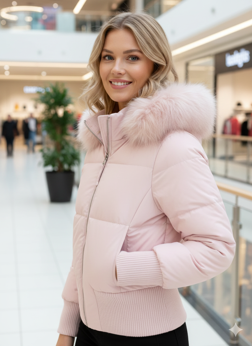 Chaqueta acolchada de invierno para mujer con capucha de pelo sintético – Abrigo corto cálido con acabado acanalado, cremallera completa y forro