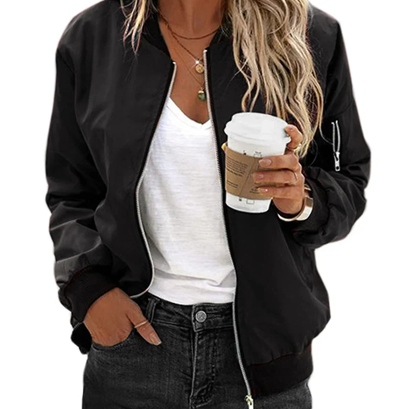Chaqueta bomber ajustada para mujer con cremallera y manga larga