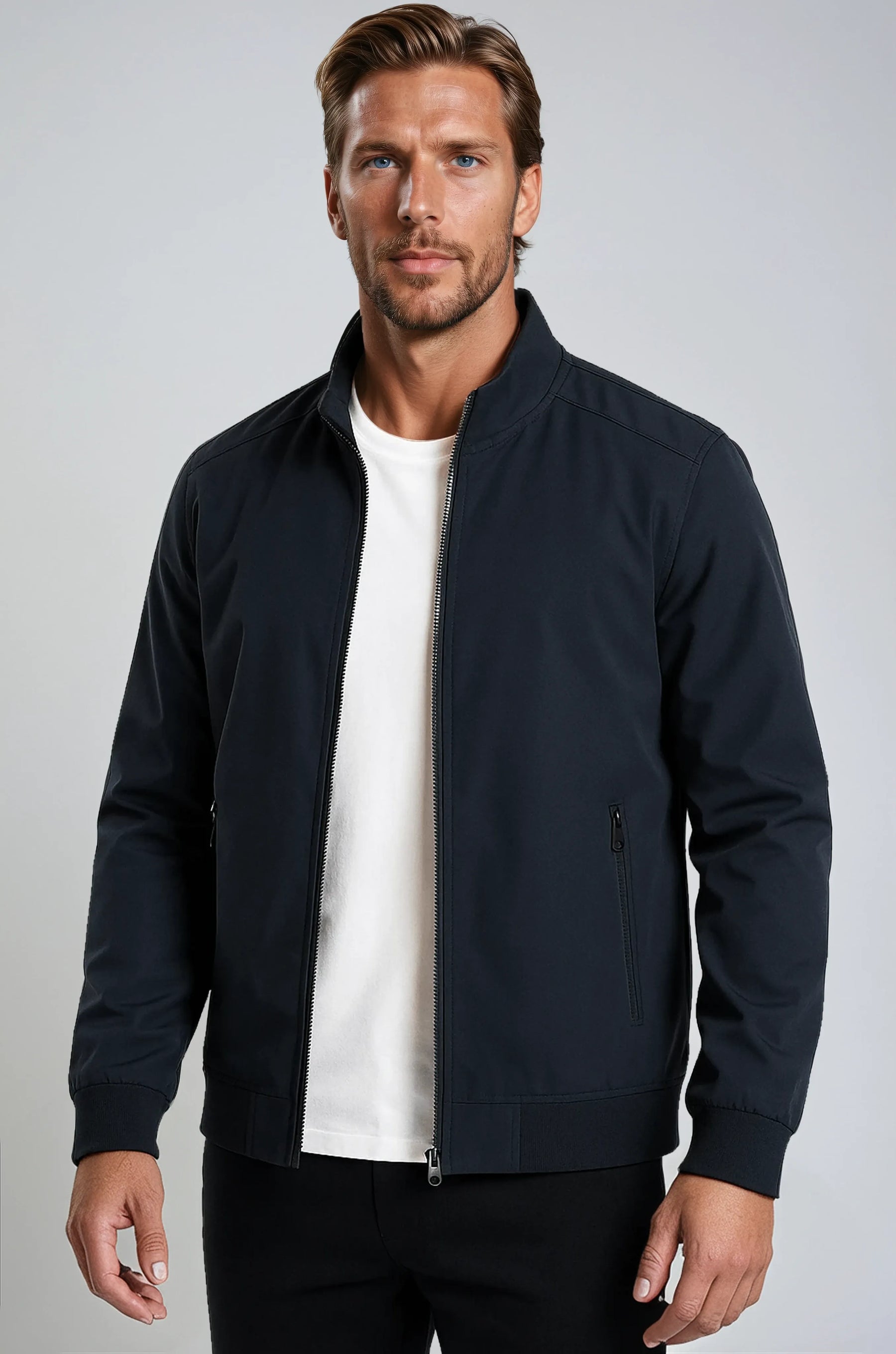 Chaqueta bomber clásica de hombre en azul marino con cremallera – Chaqueta ligera de entretiempo de poliéster resistente con bolsillos y puños acanalados