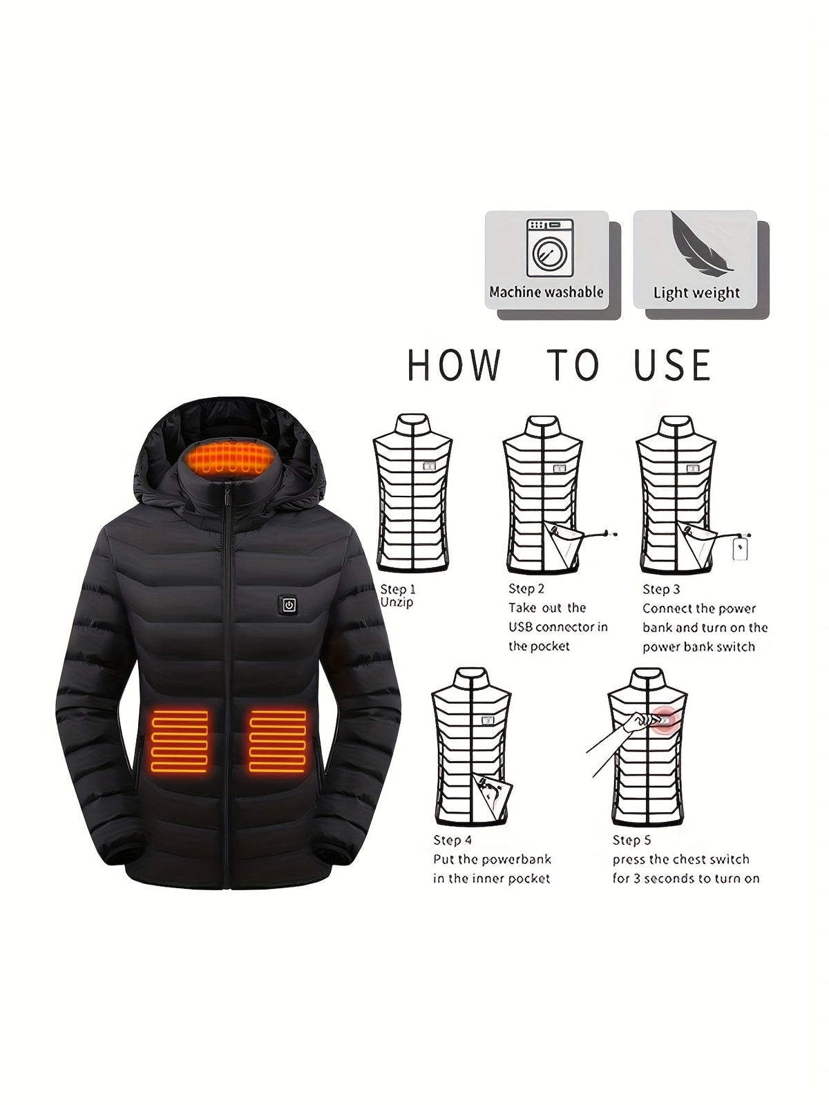 Chaqueta calefactable para mujer: ligera y recargable por USB