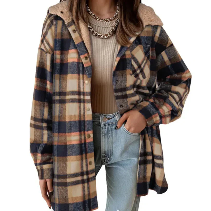 Chaqueta-camisa a cuadros para mujer con capucha y forro borrego
