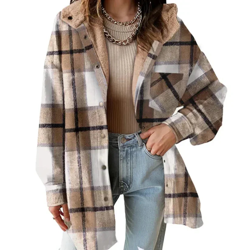 Chaqueta-camisa a cuadros para mujer con capucha y forro borrego