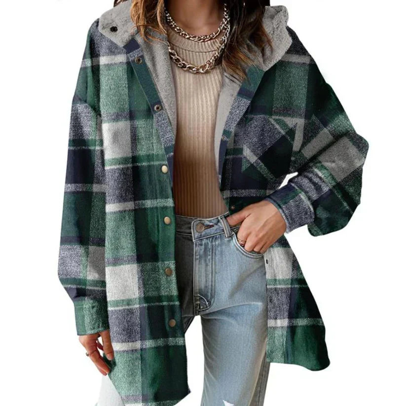Chaqueta-camisa a cuadros para mujer con capucha y forro borrego