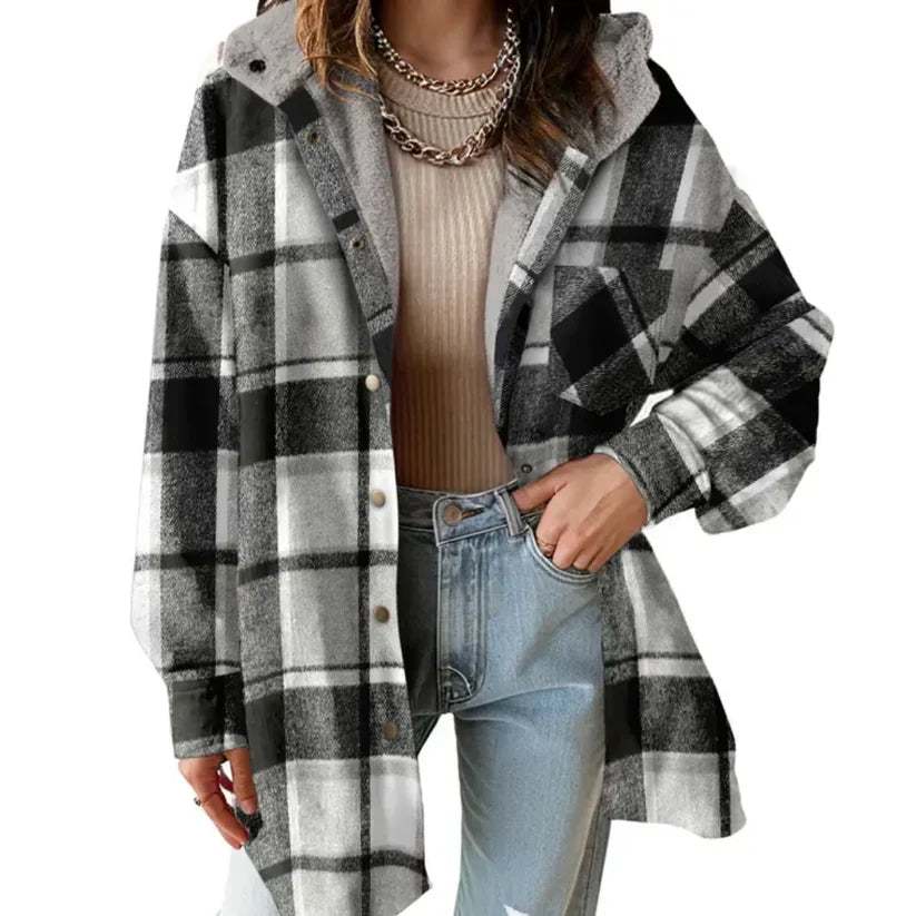 Chaqueta-camisa a cuadros para mujer con capucha y forro borrego
