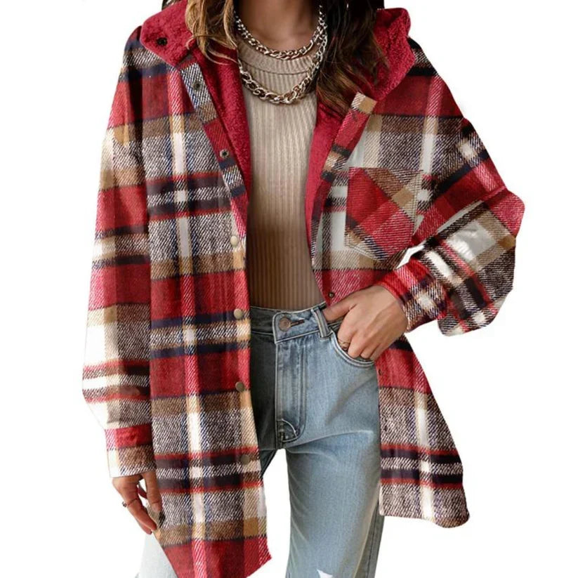 Chaqueta-camisa a cuadros para mujer con capucha y forro borrego