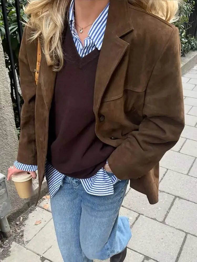 Chaqueta clásica para mujer con botones, cuello y manga larga
