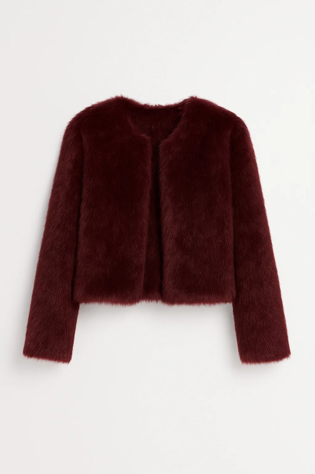 Chaqueta corta de pelo sintético suave con cuello redondo y corte recto para mujer