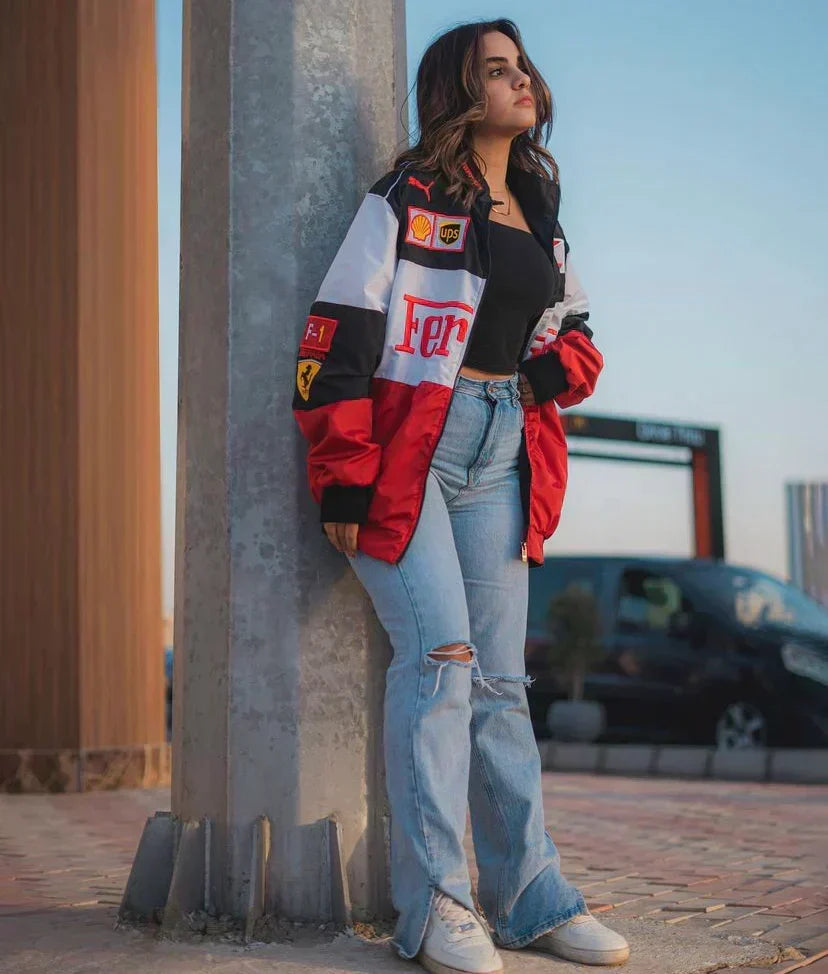 Chaqueta de Carrera Oversize para Mujer | Estilo Motorsport con Bloques de Color y Parches