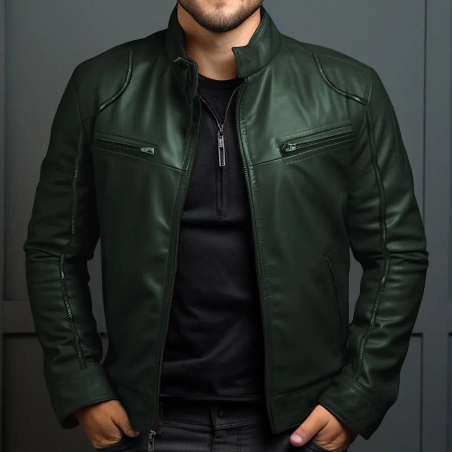 Chaqueta de cuero para hombre con cuello alzado