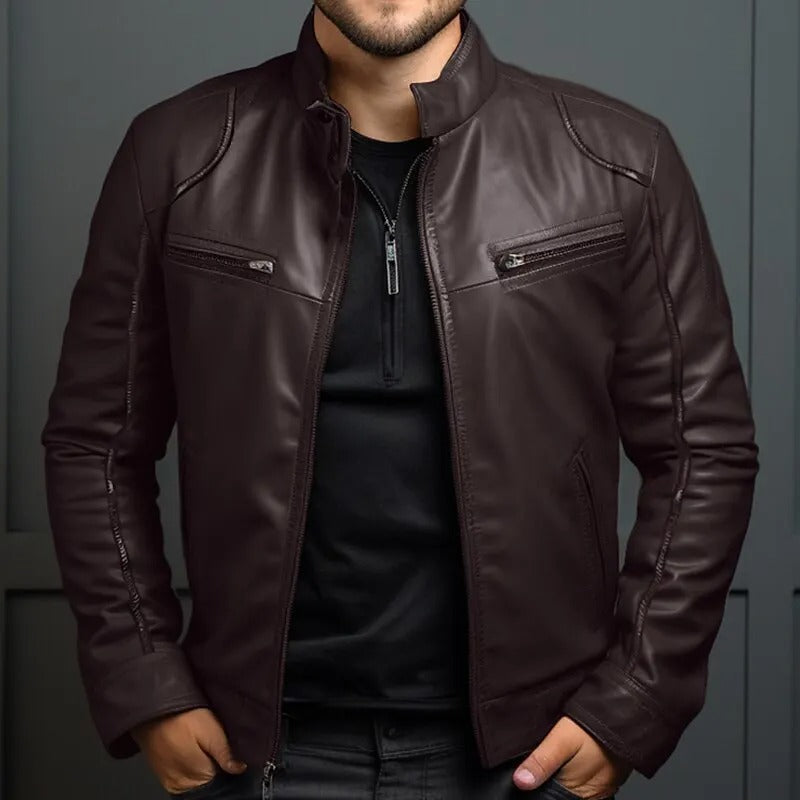 Chaqueta de cuero para hombre con cuello alzado