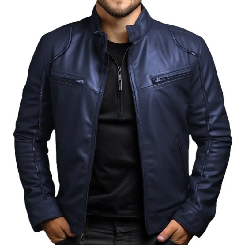 Chaqueta de cuero para hombre con cuello alzado