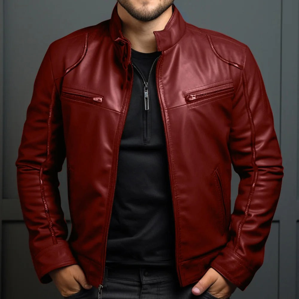 Chaqueta de cuero para hombre con cuello alzado