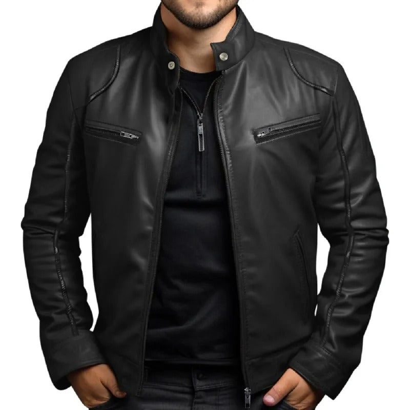 Chaqueta de cuero para hombre con cuello alzado