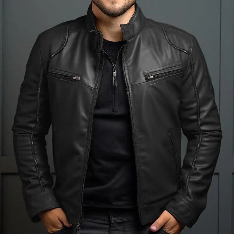 Chaqueta de cuero para hombre con cuello alzado