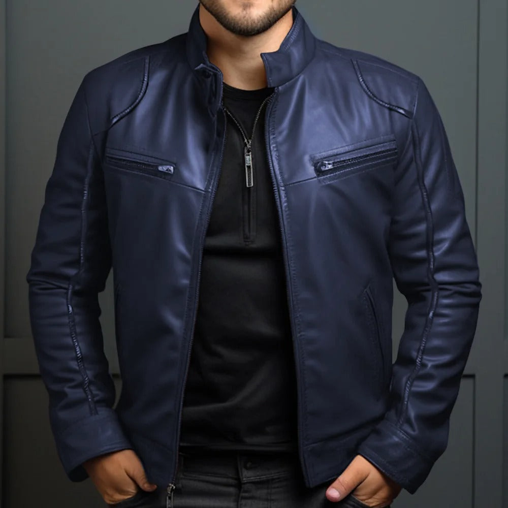 Chaqueta de cuero para hombre con cuello alzado