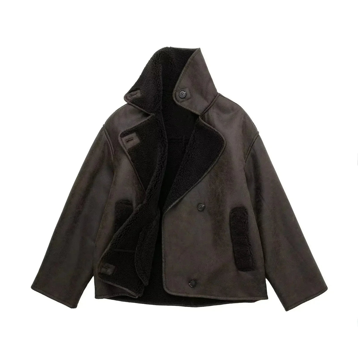 Chaqueta de piel de oveja con doble abotonadura para mujer