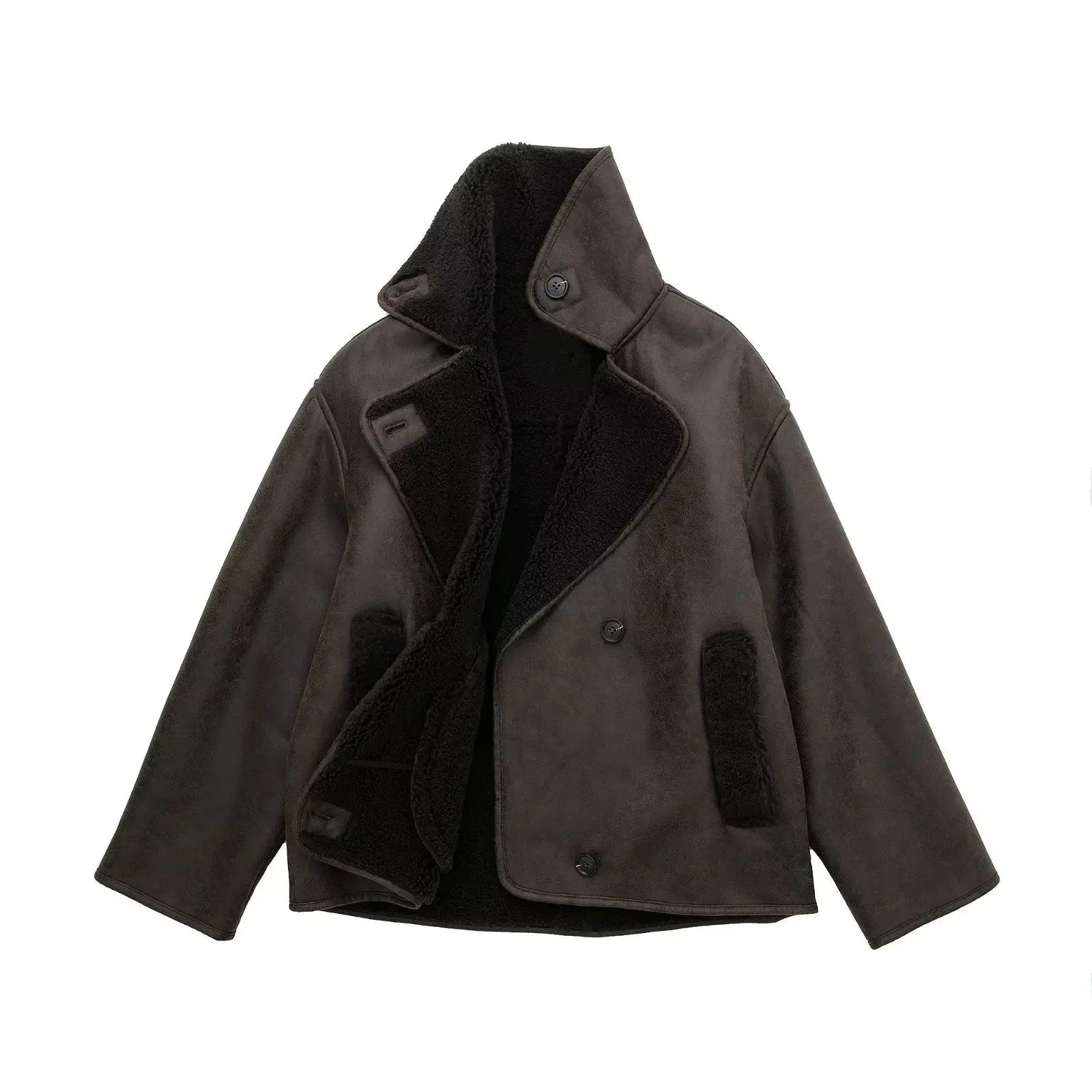 Chaqueta de piel de oveja con doble abotonadura para mujer