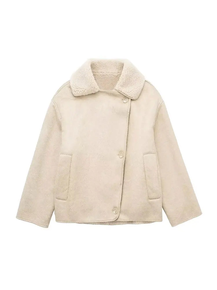 Chaqueta de piel de oveja con doble abotonadura para mujer