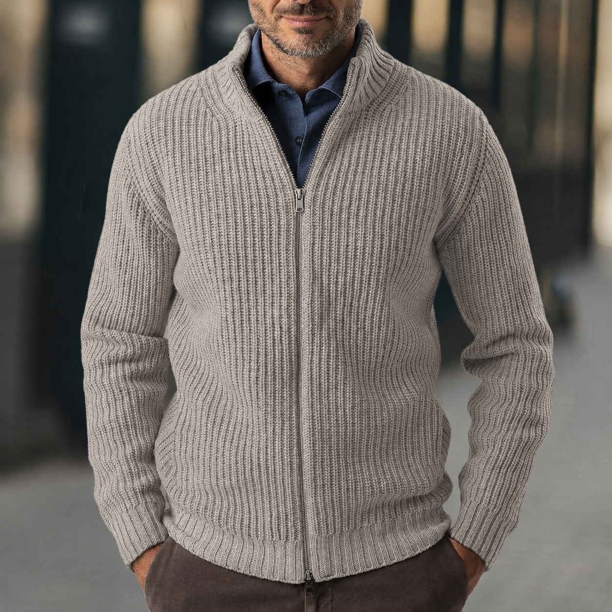Chaqueta de punto acanalado para hombre con cremallera
