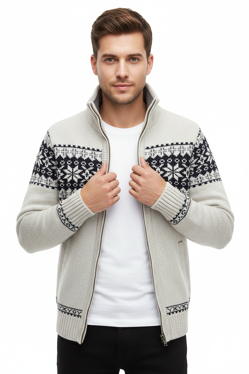Chaqueta de Punto Noruego para Hombre con Cremallera, Cuello Alto y Estampado