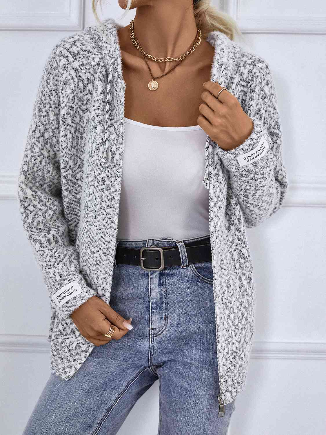 Chaqueta de punto para mujer con capucha y bolsillos delanteros